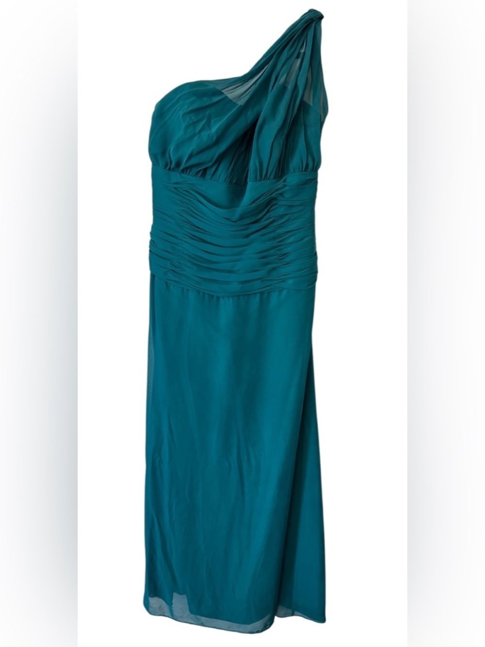 Couture Collection Teal One-Shoulder Chiffon Formal Dress Ruched Bodice Size 14